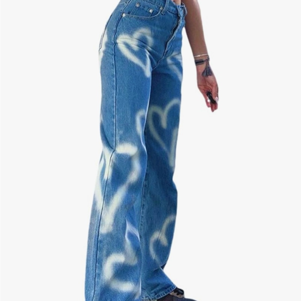 Stylish Blue Heart Pattern Women Jeans